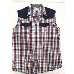 Cody James Sleeveless Western Shirt Mens Large Red Blue Plaid Button Up